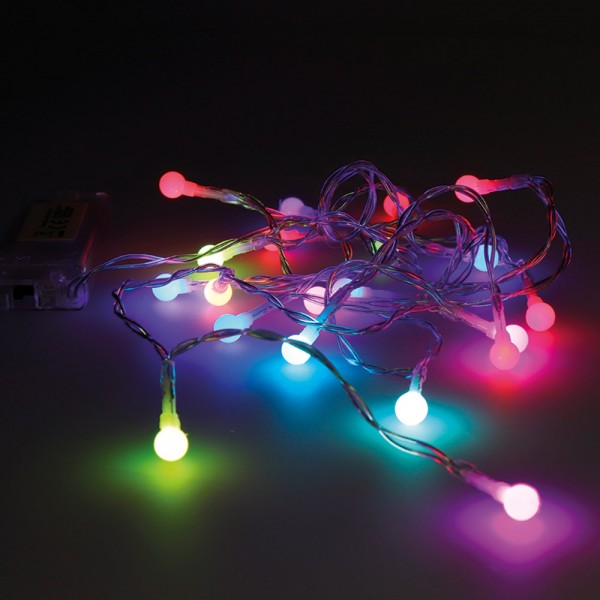 Guirnalda a pilas, función fija, uso interior, esférica ø8 mm, multicolor, 20 leds, 2,30 m